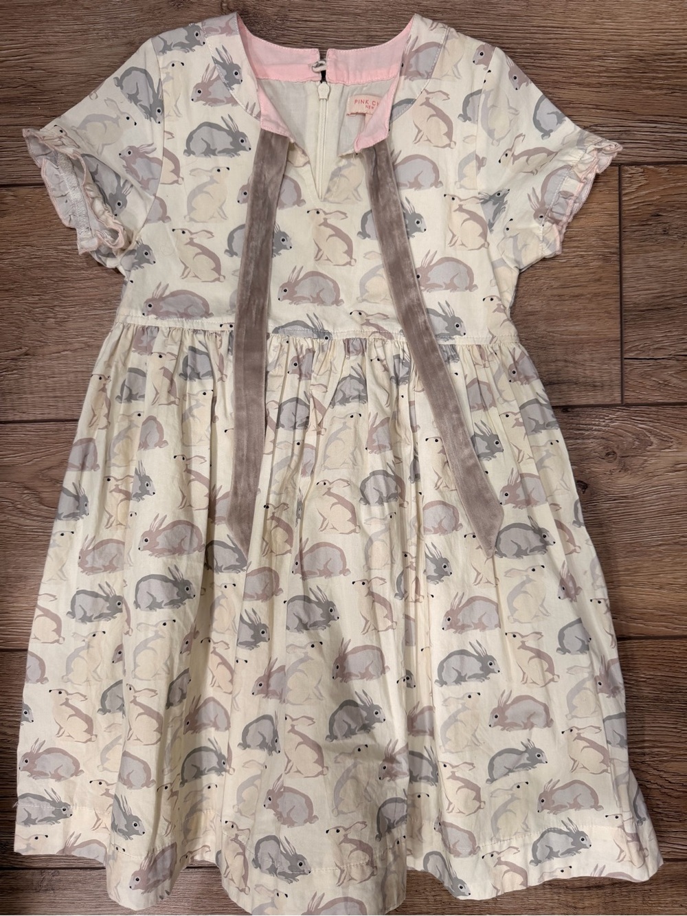 Pink Chicken Cream Bunny Print Dress with Taupe Velvet Tie 0222 - Picture 2 of 3
